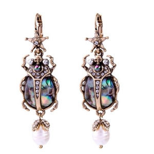 Statement Beetle Drop Earrings  Abalone Shell, Pearl & Crystal Insect Jewelry